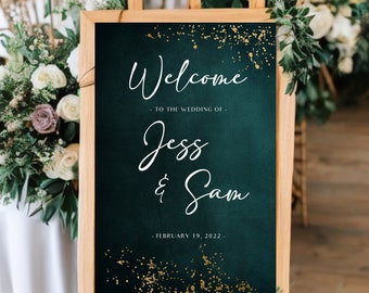 Elegant Green & Gold Wedding Welcome Sign - Customizable Printed or Digital Design - Eco-Friendly Options