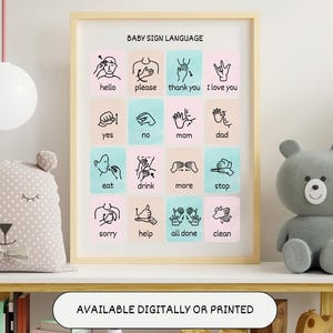 May include: A printable poster with a light blue and pink background featuring a chart of baby sign language. The chart includes signs for hello, please, thank you, I love you, yes, no, mom, dad, eat, drink, more, stop, sorry, help, all done, and clean.