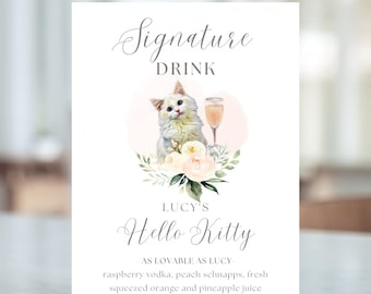 Personalized Cat Cocktail Wedding Sign - Digital Watercolor Pet-Themed Signature Drinks Menu