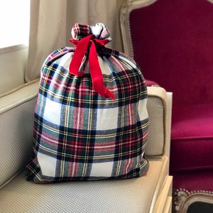 WHITE RED Plaid Flannel Christmas Gift Bag in Stewart modern tartan image 3