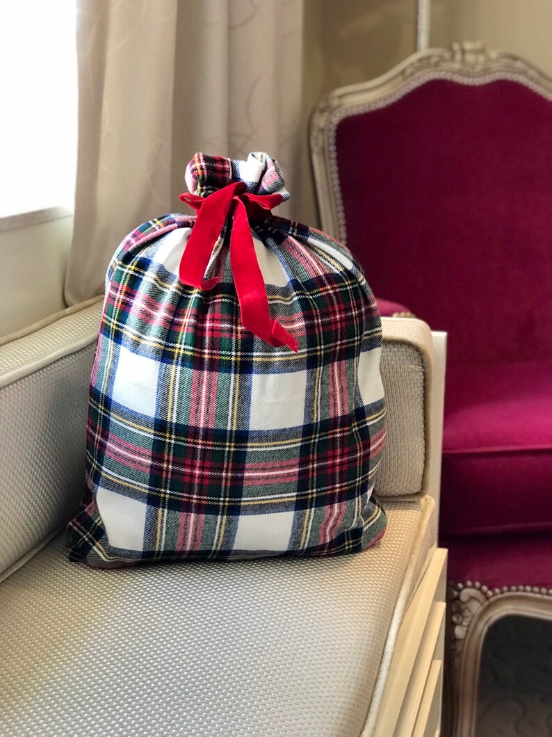 WHITE RED Plaid Flannel Christmas Gift Bag in Stewart modern tartan image 3