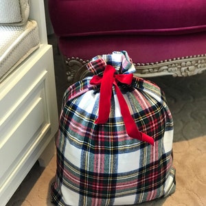 WHITE RED Plaid Flannel Christmas Gift Bag in Stewart modern tartan image 9