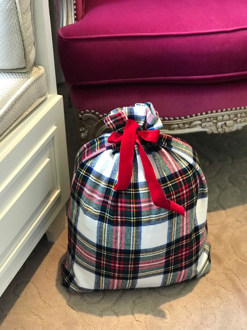 WHITE RED Plaid Flannel Christmas Gift Bag in Stewart modern tartan image 9