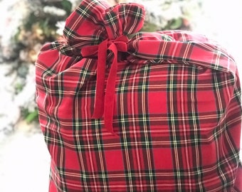 Red Green Fabric Plaid  Christmas Gift Bag