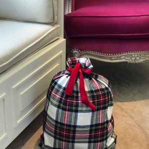 WHITE RED Plaid Flannel Christmas Gift Bag in Stewart modern tartan image 10