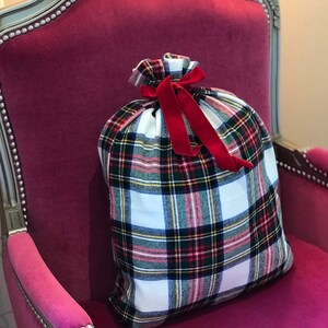 WHITE RED Plaid Flannel Christmas Gift Bag in Stewart modern tartan image 5