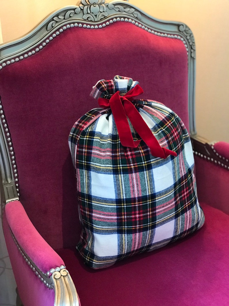WHITE RED Plaid Flannel Christmas Gift Bag in Stewart modern tartan image 5