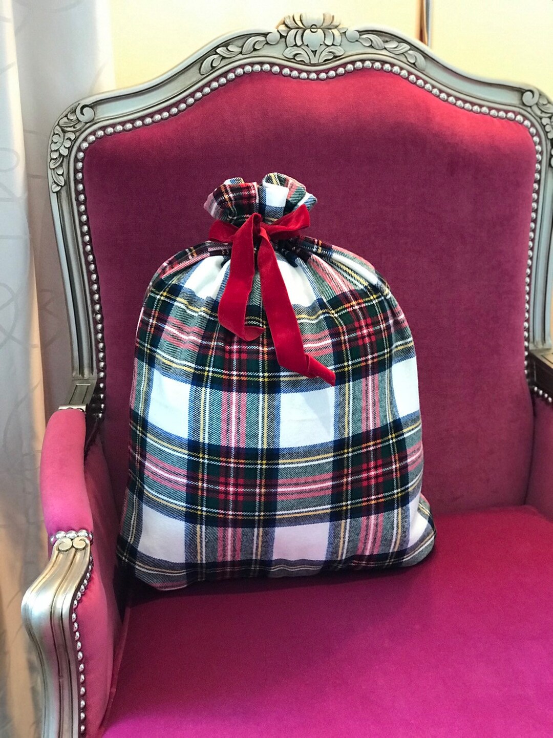 WHITE RED Plaid Flannel Christmas Gift Bag in Stewart Modern Tartan Etsy