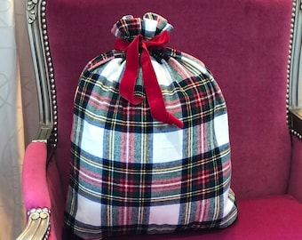 WHITE RED Plaid Flannel Christmas Gift Bag in Stewart modern tartan