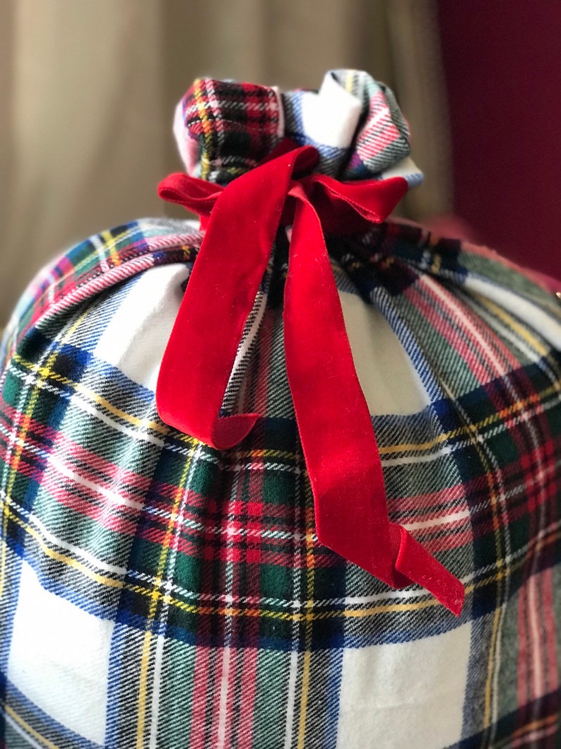 WHITE RED Plaid Flannel Christmas Gift Bag in Stewart modern tartan image 7