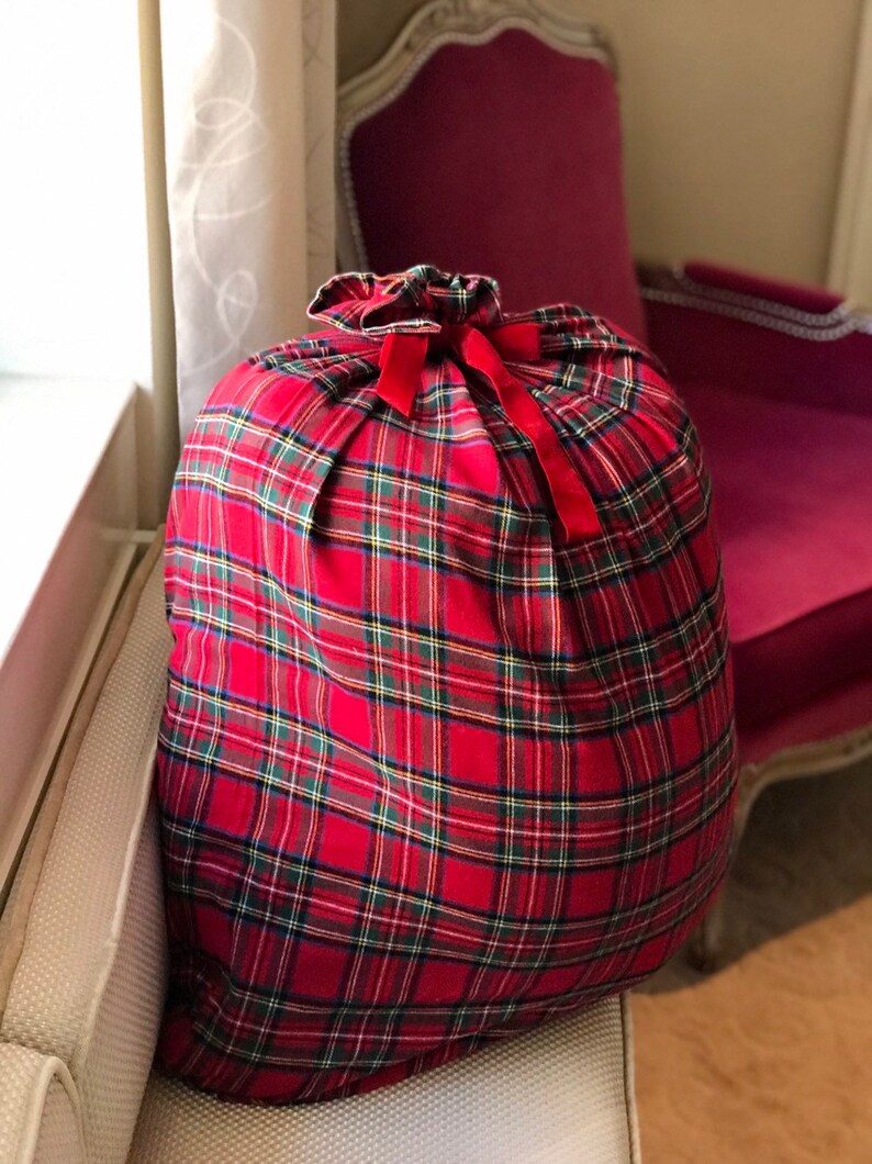 Large Red Green Plaid Christmas Gift bag 28x32 Reusable Santa | Etsy