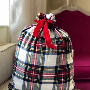 WHITE RED Plaid Flannel Christmas Gift Bag in Stewart modern tartan image 6