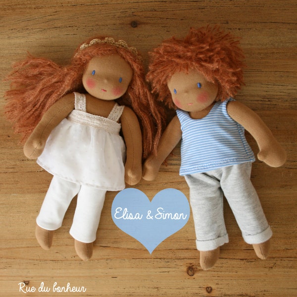 Elisa and Simon little waldorf dolls with chestnut hair -  Twins - Textile doll - Fabric doll - Rag doll - Home decoration - Handmade Toy