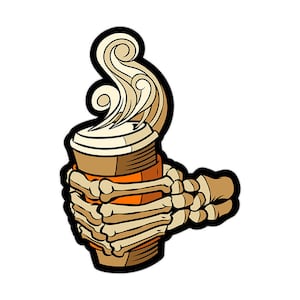 May include: A cartoon illustration of a skeleton hand holding a brown coffee cup with steam rising from the top. The cup has a white lid and an orange interior. The hand and cup are outlined in black against a white background.