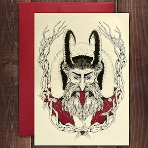 Krampus mit Zunge Siebdruck Weihnachtsgrußkarte mit Umschlag