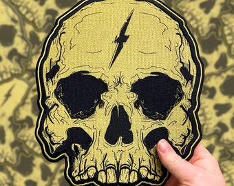 Huge Gold Lightning Skull 11" Embroidered Back Patch