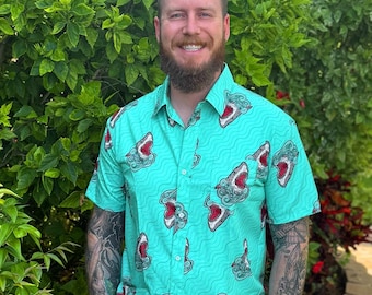 Great White Shark Button-Down Shirt: Turquoise Ocean Design