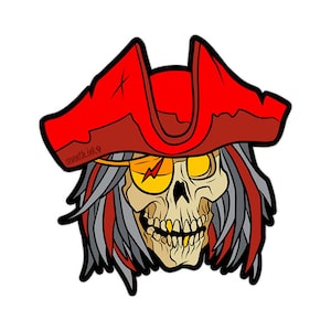 Può includere: Un'illustrazione di un teschio di cartone animato che indossa un cappello da pirata rosso con un fulmine sopra un occhio. Il teschio ha un dente d'oro e indossa un orecchino d'oro.
