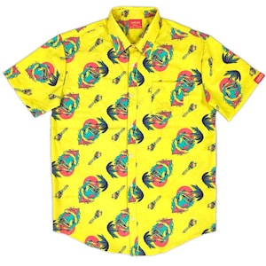 May include: A yellow short-sleeved button-down shirt with a tropical print featuring palm trees, a red sun, and a blue wave. The print is repeated all over the shirt.
