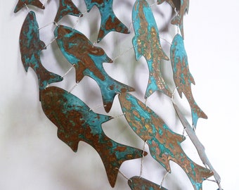 Blue Copper Sculpture, Hanging, Fish artwork, Contemporary, Wall sculpture, Teal, Oxidized, Turquoise, Bronze, Zen, Feng shui, Anne Klein H.