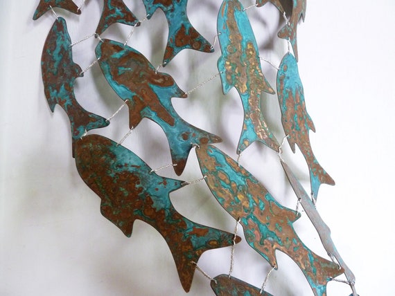 Blue Copper Sculpture, Hanging, Fish artwork, Contemporary, Wall sculpture, Teal, Oxidized, Turquoise, Bronze, Zen, Feng shui, Anne Klein H.