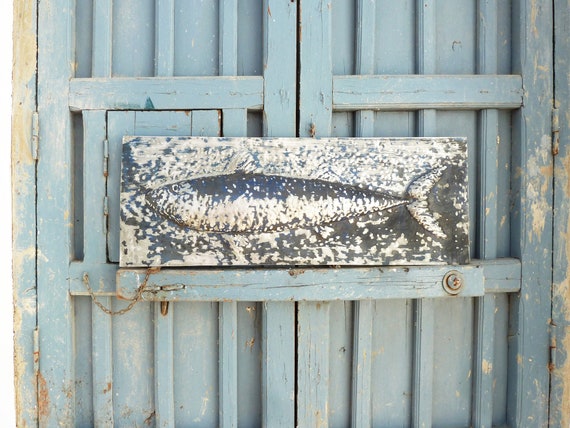 Big BLUE FISH, Rectangular Fish Trophy, Shabby Chic Wall Sculpture, Art Brut, by Cosé Manzano