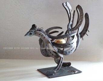 Metal Sculpture, Chicken, Golden Egg, Brutalist Art, Metal Art, Original, Home Decor, Country, Farm Animal, Animal Art, Rooster, CoséManzano