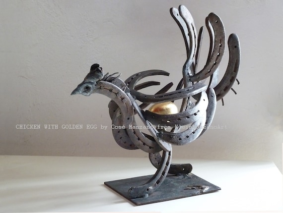 Metal Sculpture, Chicken, Golden Egg, Brutalist Art, Metal Art, Original, Home Decor, Country, Farm Animal, Animal Art, Rooster, CoséManzano