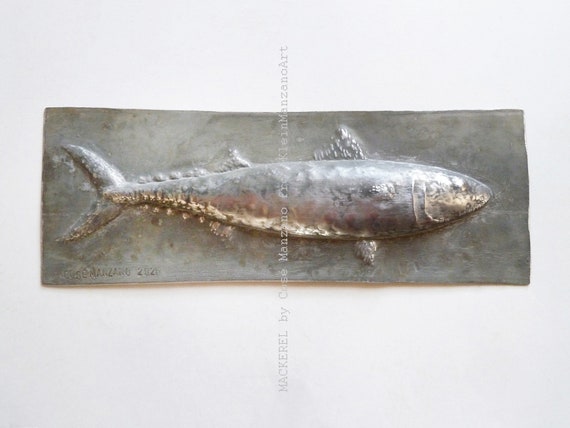 Mackerel, Fish artwork, Metal sculpture, Wall hanging, Sustainable art, Animal art, Bathroom, Home décor, Aluminum Tile, Cosé Manzano