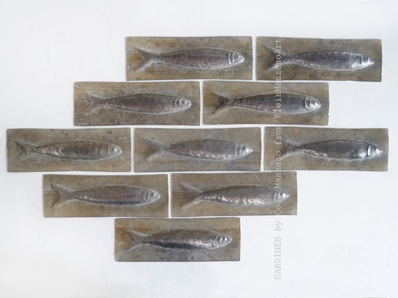 Metal Fish sculpture, set 10 Sardines, Sustainable art, Bathroom, Kitchen, Backsplash, Animal, Aluminum Tiles, Cosé Manzano, Wall hanging