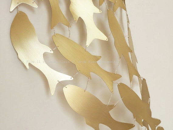 Golden Fish, Fish Artwork, Metal Wall sculpture, Shoal Golden Flow, Wedding, Zen Feng shui, Contemporary art, Sea Ocean Decor, Anne Klein H.