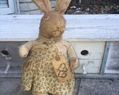 Vintage Primitive Rabbit Bunny | Mohair Wool | Sawdust | Glass Eyes | OOAK | Muslin Cotton | Original Fabric Dress, Socks |