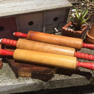 VINTAGE Rolling Pins | Antique | Red Green Navy Handle | Wood Rolling Pin | Farmhouse Cottage | Retro Kitchen | Repurpose