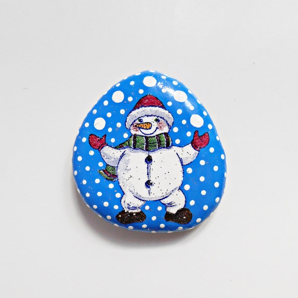 FREE SHIPPING, Handmade Painted Stone, Small rock, Christmas home decor, Christmas deocration, Hand painted sea stone, Winter pebble,Snowman