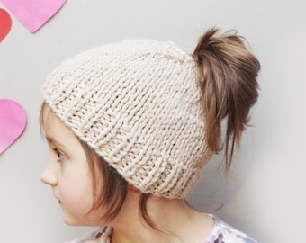 Messy bun hat, kids messy bun beanie, ponytail beanie, knit wool bun hat, natural white, ready to ship