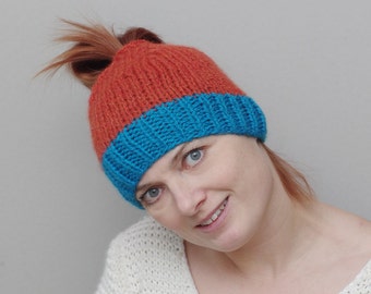 Messy bun hat, messy bun beanie, ponytail beanie, knit wool bun hat, oraneg hat, ready to ship, popuar hat, popular item
