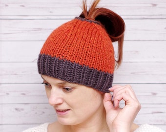 Messy bun hat, messy bun beanie, ponytail beanie, knit wool bun hat, orange hat, ready to ship, popuar hat, popular item