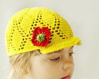Sombrero de crochet amarillo hecho a mano con visera: Gorra de amapola para niña pequeña