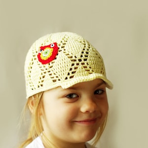 Crochet summer hat for girls, kids yellow crochet summer cap, visor hat, girls baseball hat, handmade cotton sun hat, lace hat, hat with owl