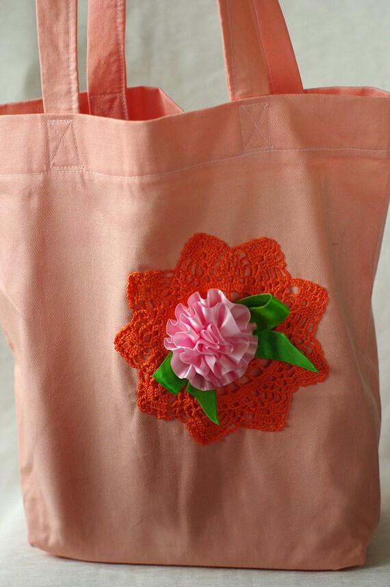 Clearance sale Canvas tote bag with crochet applique cotton