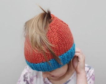 Messy bun hat, kids messy bun beanie, ponytail beanie, ponytail hat, knit wool bun hat, orange hat, ready to ship