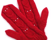 Knitted worm red mittens with owls, for women, gift for her, teens,