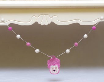 Garand with crochet pink cat and pink and white pom pom , Felt balls bunting, kids room decor