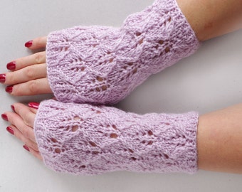 Gants sans doigts en dentelle en tricot rose, mitaines sans doigts, chauffe-poignets tricotés, gants tricotés à la main, poignets, bracelets, gantelets