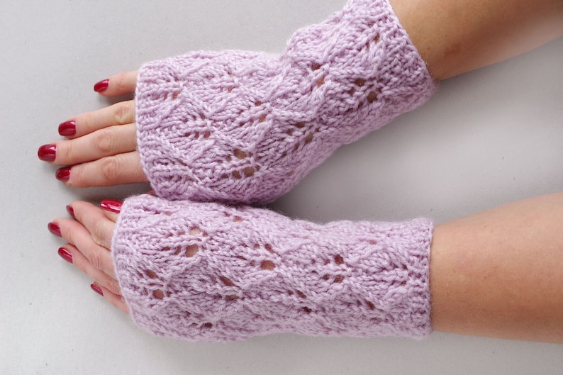 Pink Knit Lace Fingerless Gloves, Fingerless Mittens, Knit Arm Warmers Wrist Warmers, Hand Knit