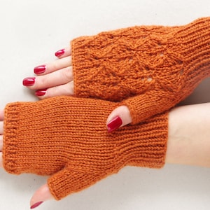 Lace fingerless gloves, hand knit wool arm warmers, wrist warmers, romantic gloves,  hand warmers, orange arm warmers, hand knitted, gloves