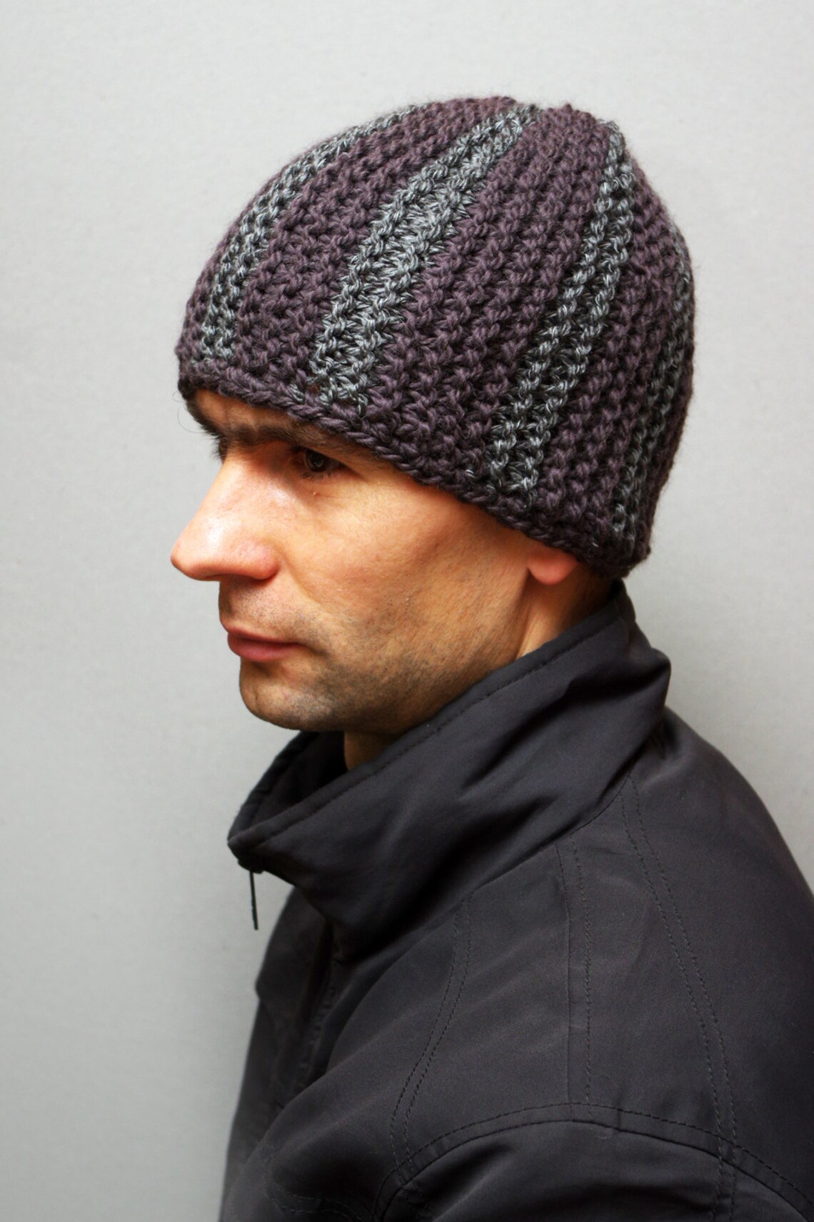 Mens Knit Hat Gray and Brown Warm Winter Hat Mens Beanie Ski Etsy