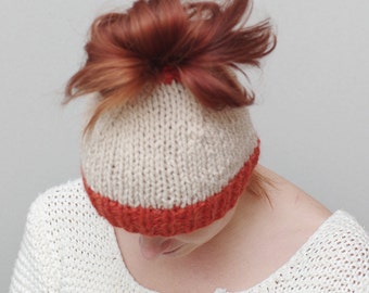 Messy bun hat, messy bun beanie, ponytail beanie, knit wool bun hat, natural white hat, ready to ship, popuar hat, popular item