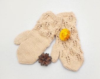 Kids beige gloves, knit lace gloves, beige wool mittens, gloves kids 5T-7T, kids knitted mittens, Christmas gloves