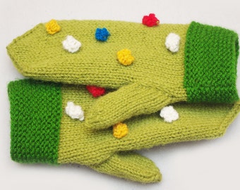 Good mood mittens, green mittens with colorful dots, teens knit mitts, womens wool mittens, winter gloves, women knit mittens, winter wear